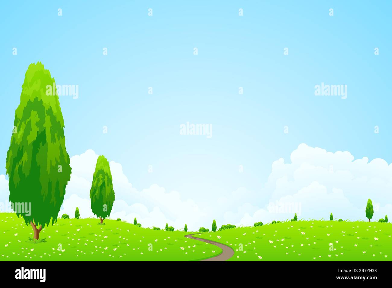 Green Landscape with trees clouds and flowers Stock Vector Image & Art ...