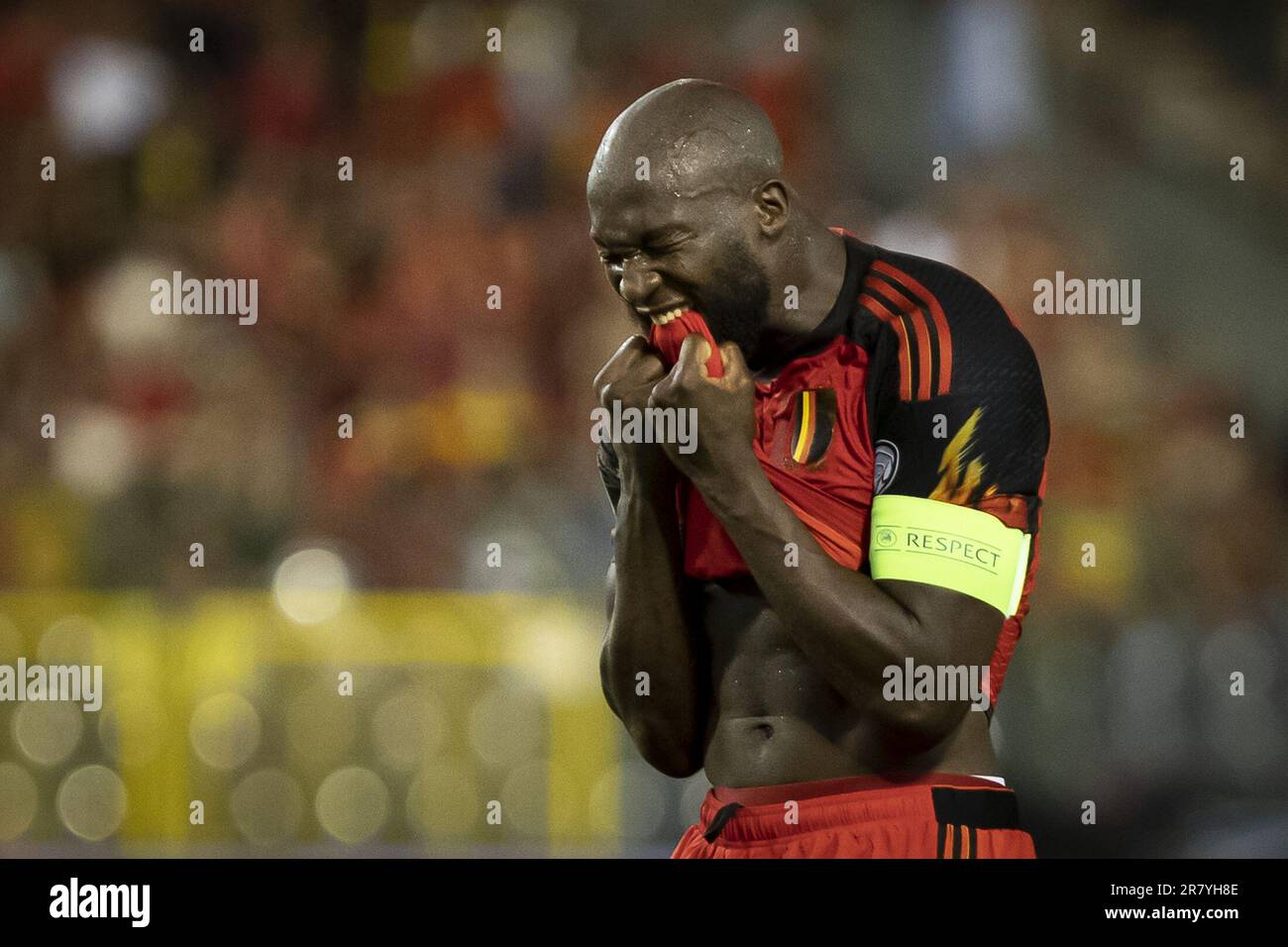 Belgium's Romelu Lukaku celebrates after scoring during a soccer game  between the Belgian national team Red Devils and Denmark, Wednesday 18  November 2020 in Leuven, on the sixth and last day of