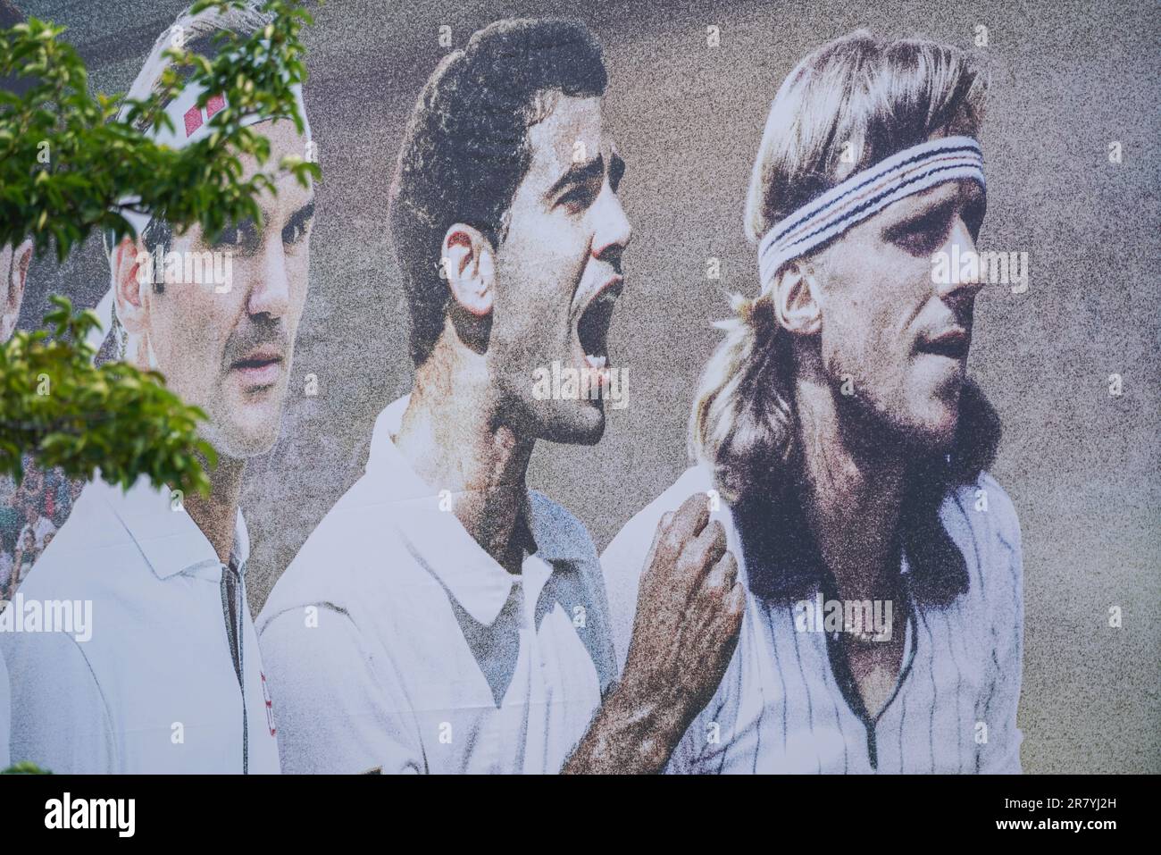 London UK. 18 June 2023 .A spectator stand covered with images of former Wimbledon champions L-R Roger Federer, Pete Sampras  and Bjorn Borg   with over two weeks until the start of the Wimbledon, championships Grand Slam tournament which begins on 3 July  . Credit: amer ghazzal/Alamy Live News Stock Photo