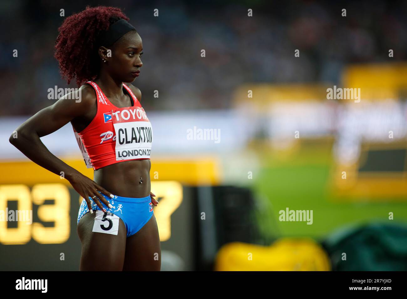 Grace Claxton participating in the 400 meters hurdles at the World Athletics Championships London 2017. Stock Photo