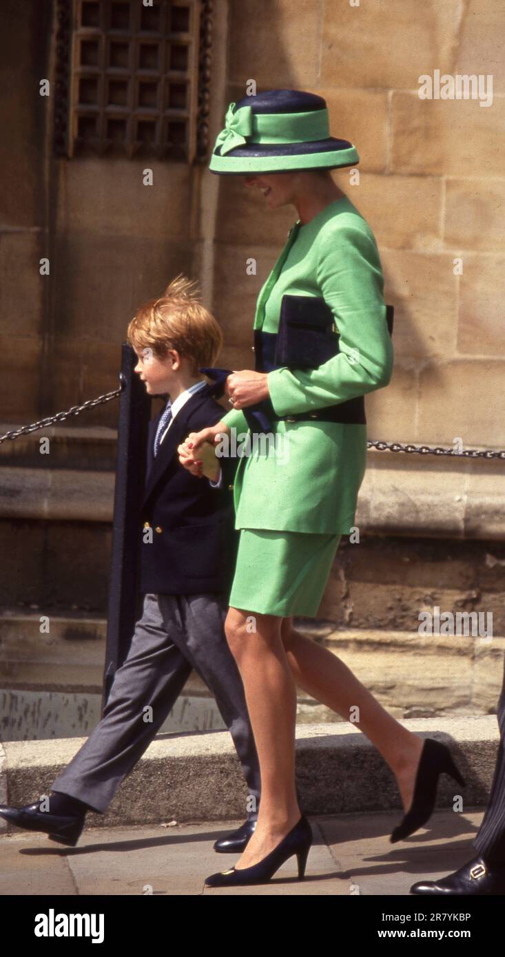 18 July 1992 The Princess of Wales and Prince Harry at St George's Chapel.   Photo by The Henshaw archive Stock Photo