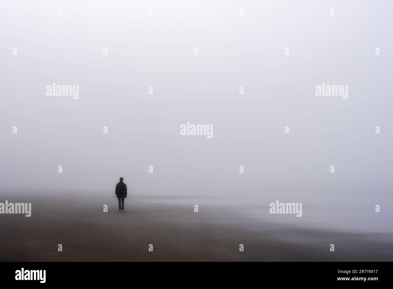 A solitary woman figure walking along a fog-shrouded beach Stock Photo ...