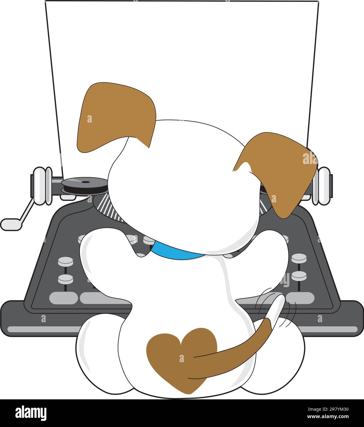 A small puppy with a wagging tail, is busy typing away on an old style typewriter. Stock Vector