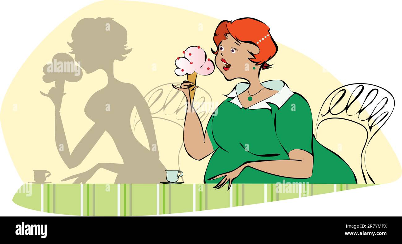 Vector illustration of a pretty round lady eating icecream and looking at her slim shadow Stock Vector