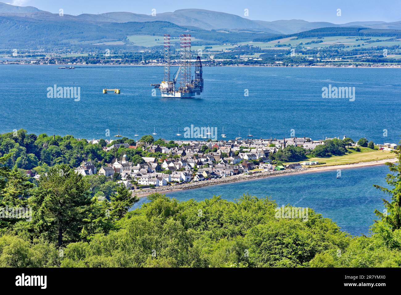 Cromarty Scotland Cromarty Firth view over the town and housesr towards the hills in early summer Stock Photo