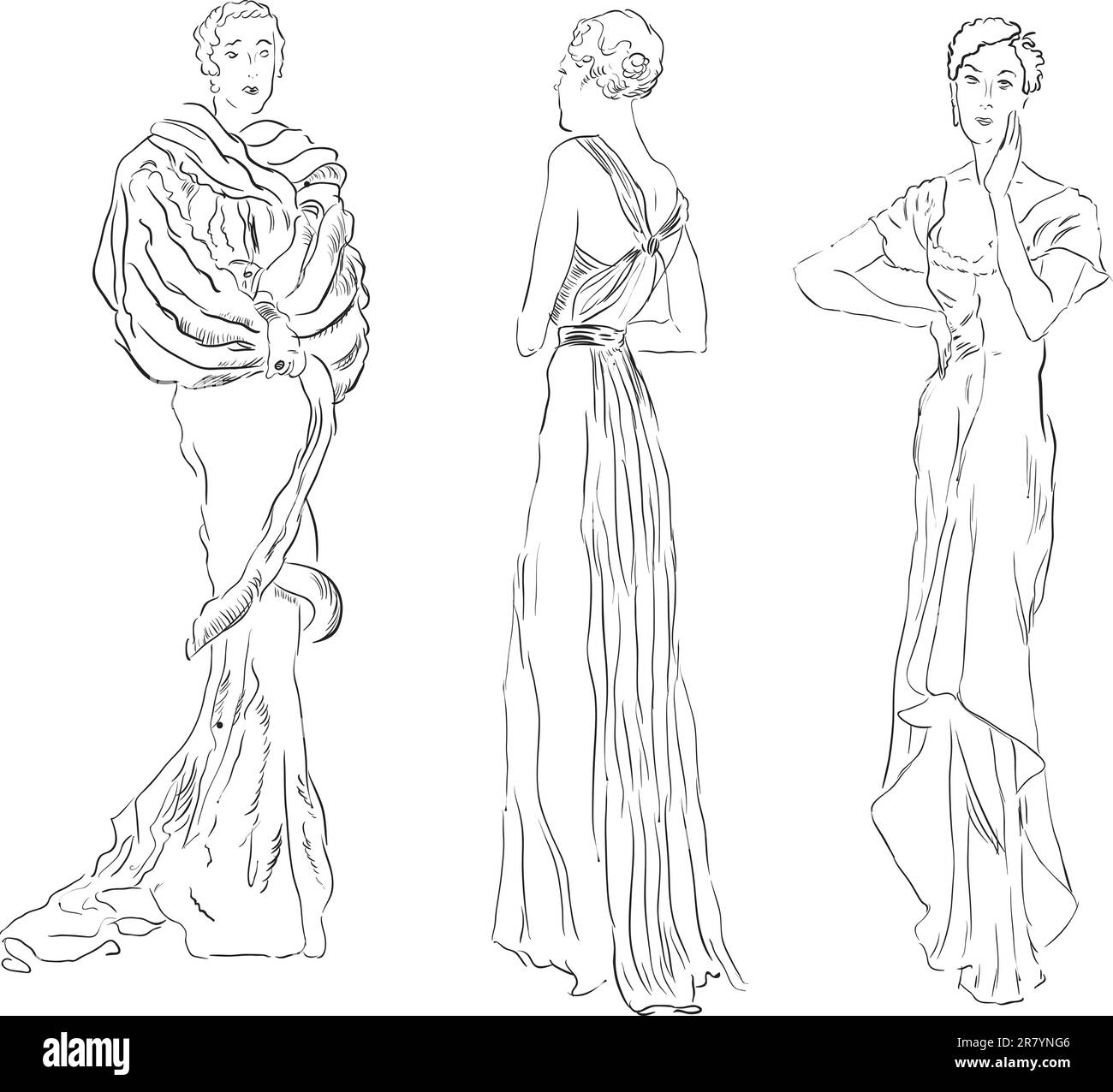 Three Female Figures In Evening Dresses Vector Illustration Hand three-female-figures-in-evening-dresses-vector-illustration-hand