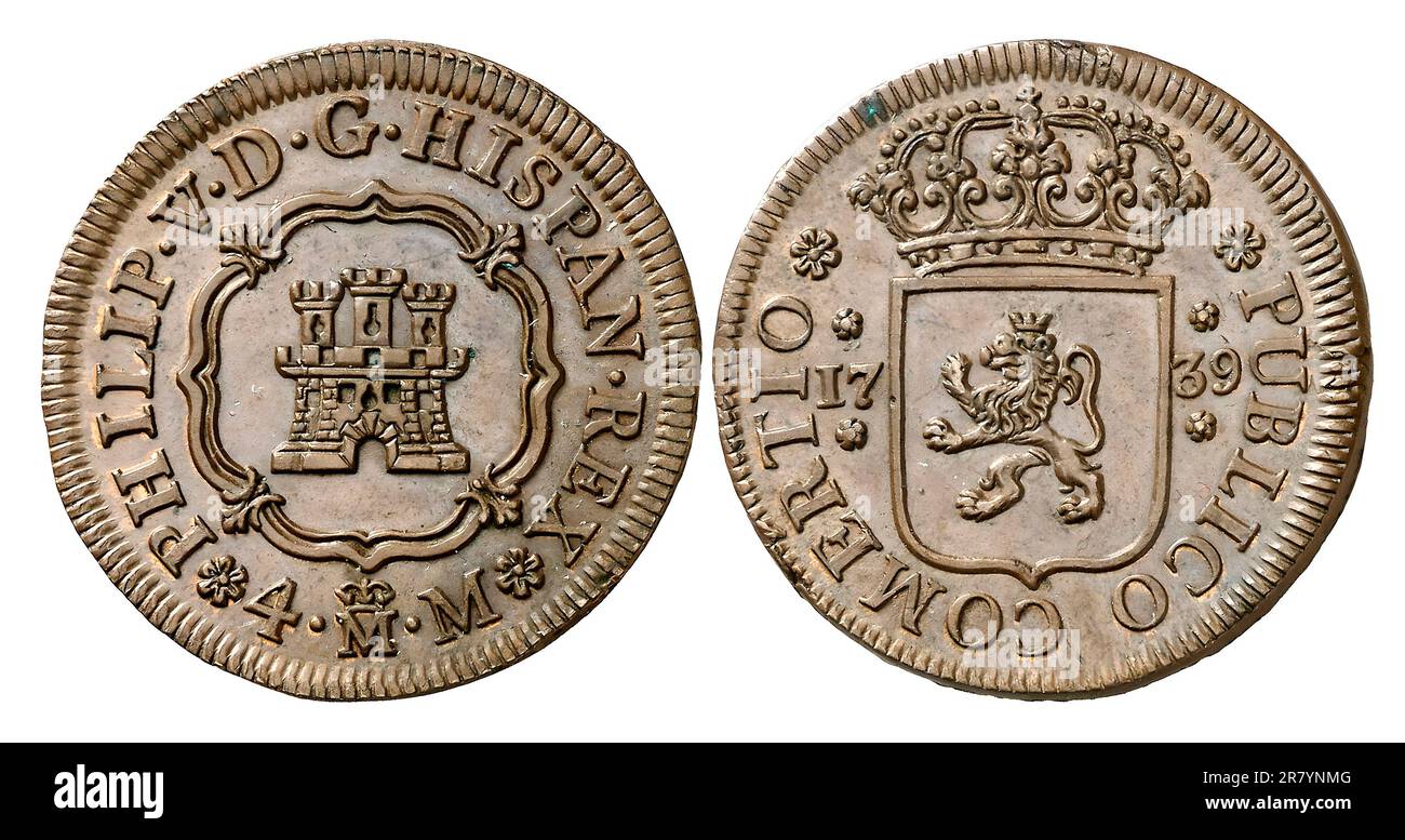 Photo coins Spain, Spain, 1739, Felipe V, Madrid, 4 maravedis Stock Photo