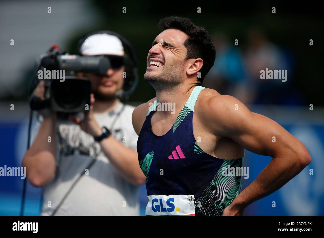 Ratingen, Germany. 18th June, 2023. Athletics: all-around meeting, decathlon, 110 meters hurdles. Jorge Ureña from Spain reacts after the 110 meter hurdles. Credit: Thomas Banneyer/dpa/Alamy Live News Stock Photo