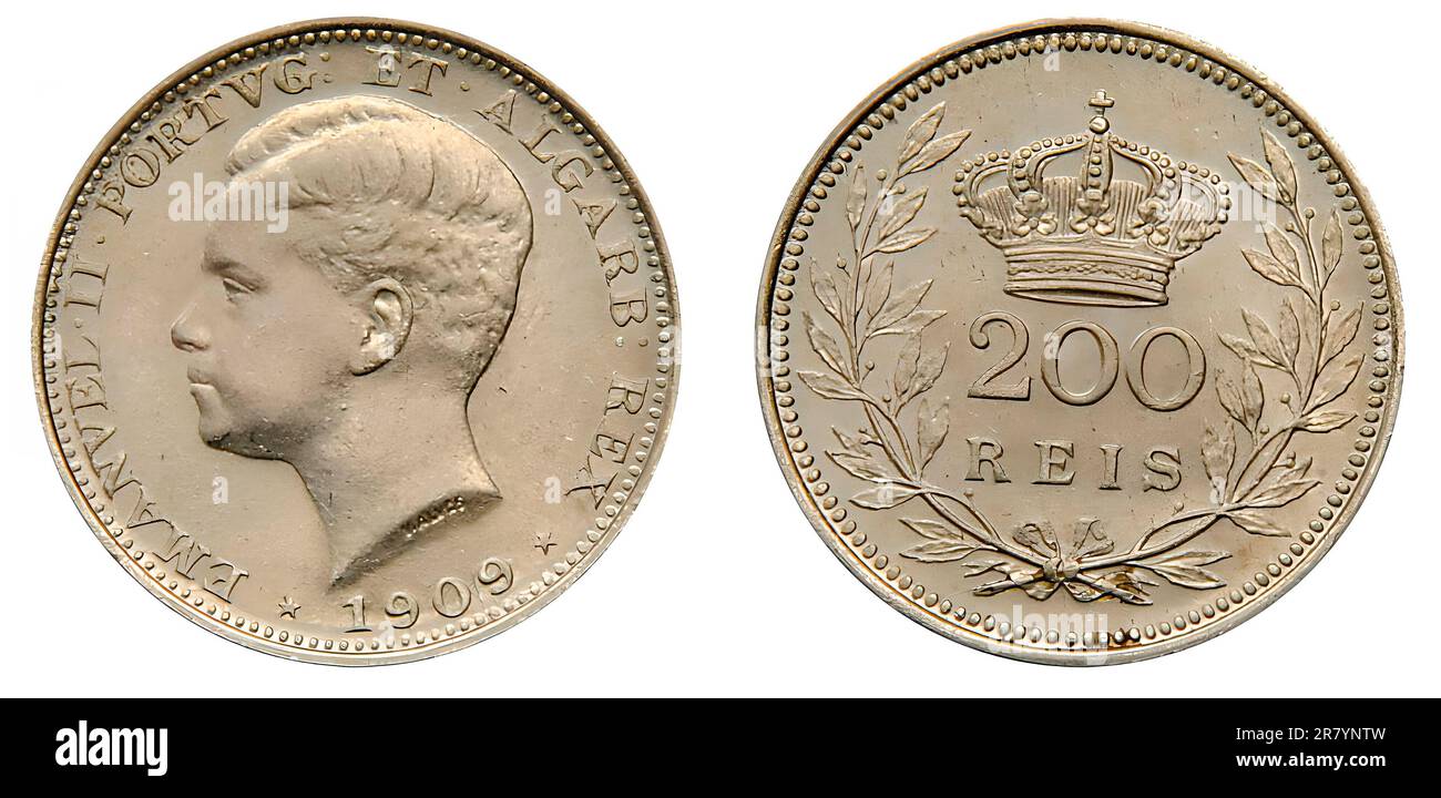Photo coins Portugal, 200 Reis, 1909, Manuel I Stock Photo