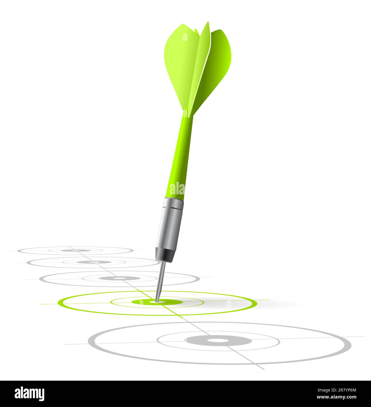marketing strategy symbol. One green dart hitting the center of a target with many grey other targets in a row. Vector file, white background Stock Vector