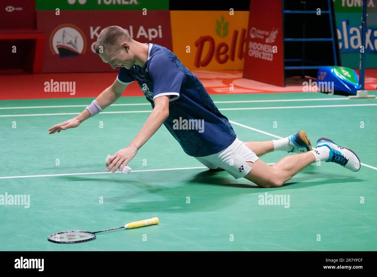 Denmarks Viktor Axelsen celebrates after defeating Indonesias Anthony Sinisuka Ginting during their mens singles final match at Indonesia Open badminton tournament at Istora Senayan Stadium in Jakarta, Indonesia, Sunday, June 18, 2023