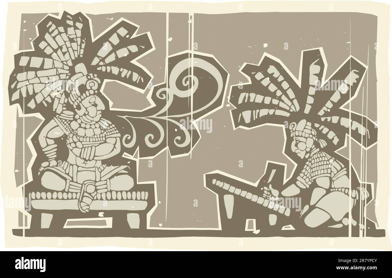 Woodblock print style image of Maya king and Scribe Stock Vector