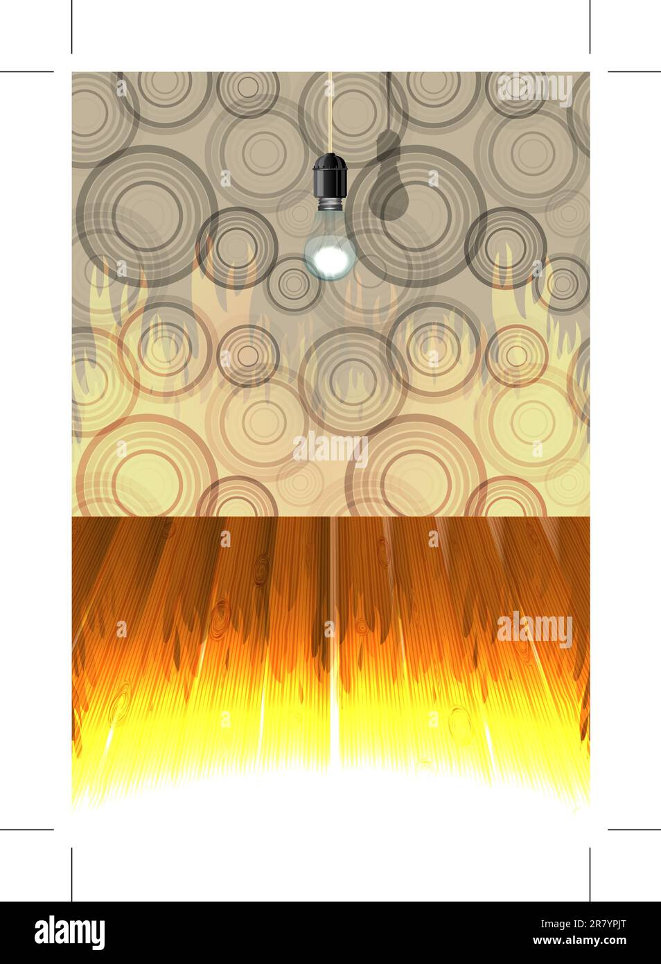 Interior with abstract wallpaper and wooden floor, burning room, vector