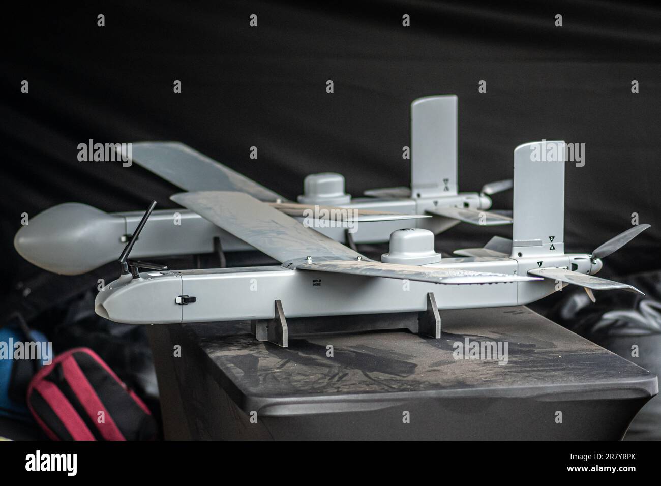 Unmanned combat aerial vehicles (UCAV), also known as a combat drones or battlefield UAV used in Ukraine during the counteroffensive against Russia Stock Photo