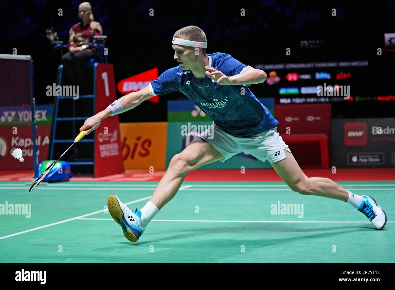 Denmarks Viktor Axelsen plays against Indonesias Anthony Sinisuka Ginting during their mens singles final match at Indonesia Open badminton tournament at Istora Senayan Stadium in Jakarta, Indonesia, Sunday, June 18, 2023