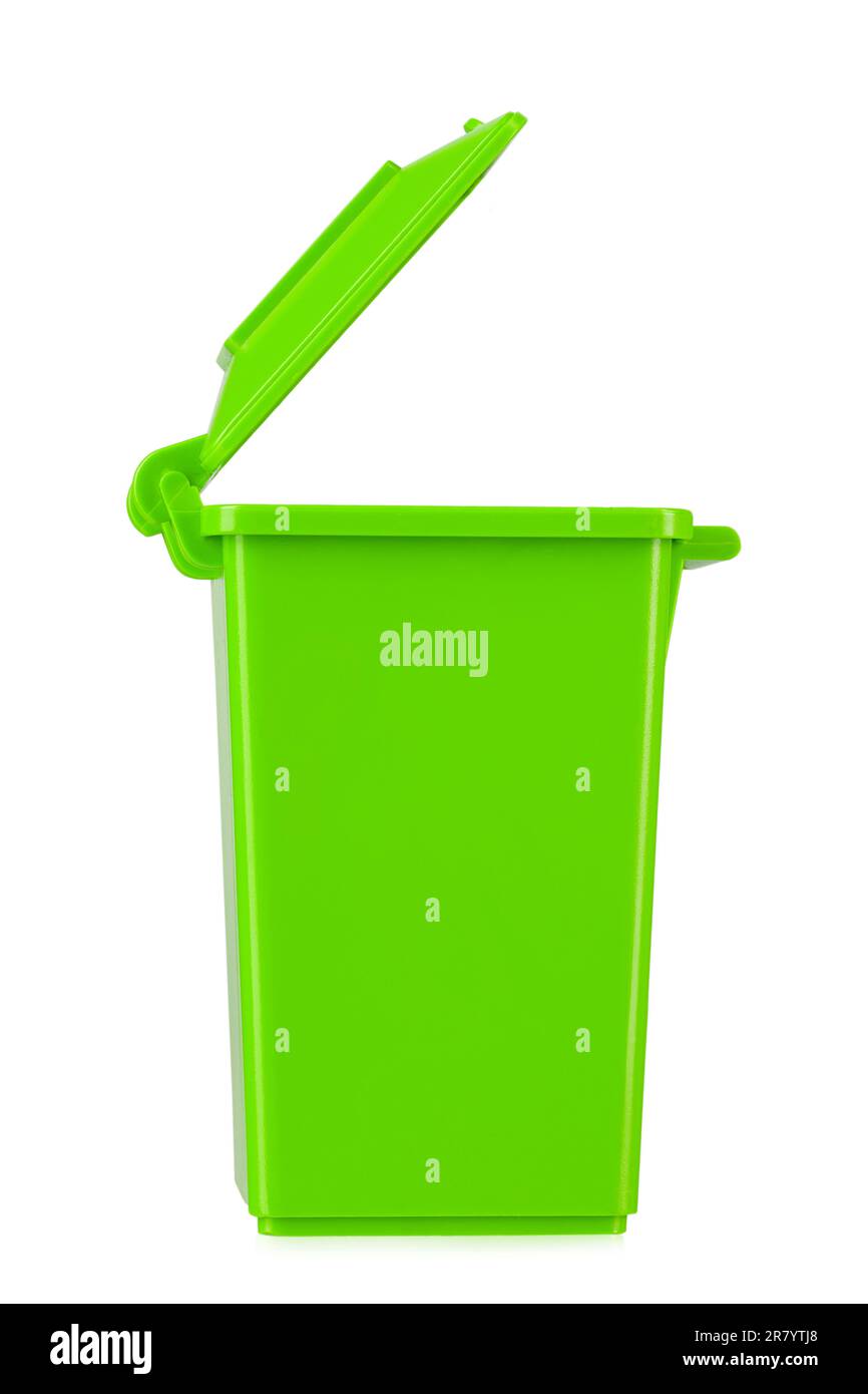 Green recycling bin with open lid isolated on white background. Garbage