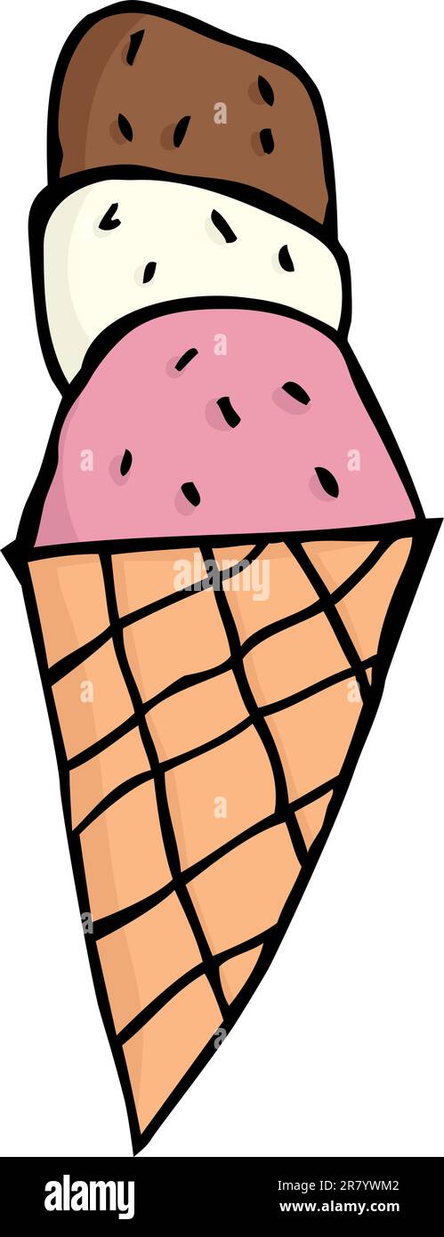 Three different scoops of ice cream in cone over white Stock Vector