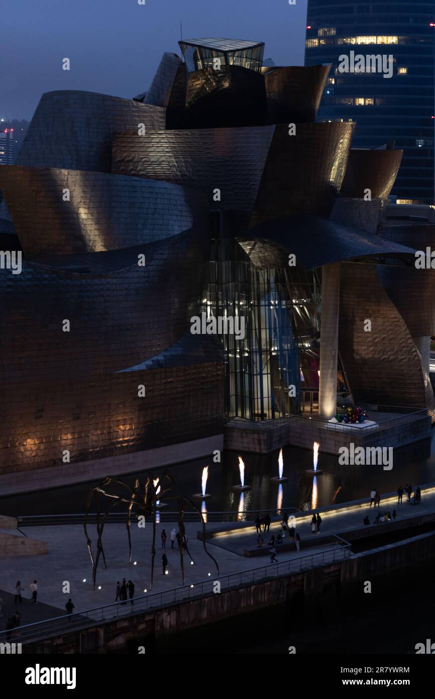 Bilbao, Spain April 15, 2022 Guggenheim Museum with Fire Fountain installation by Yves Klein