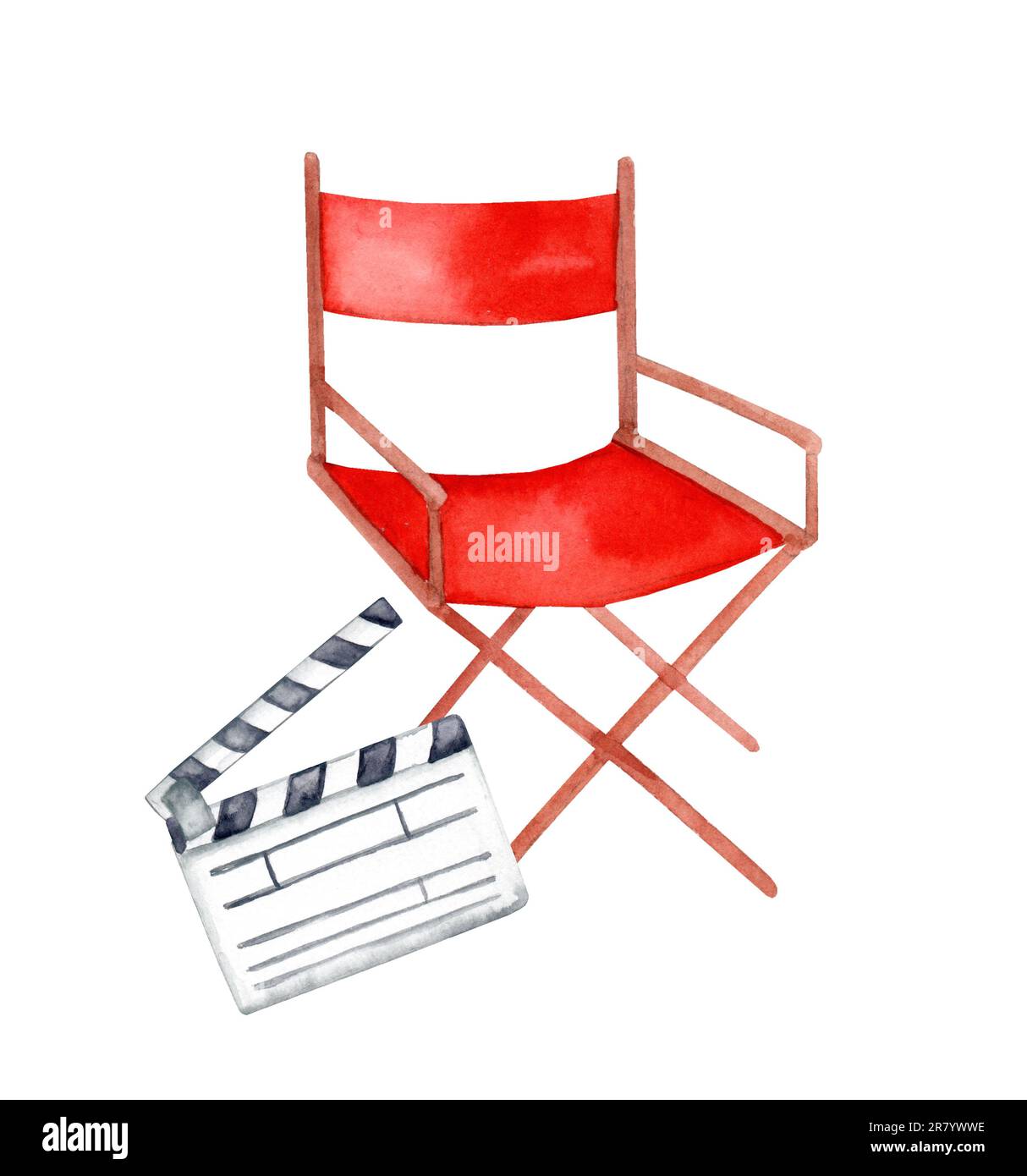 Director's chair and movie clapperboard. Film set. Watercolor hand drawn illustration Stock Photo