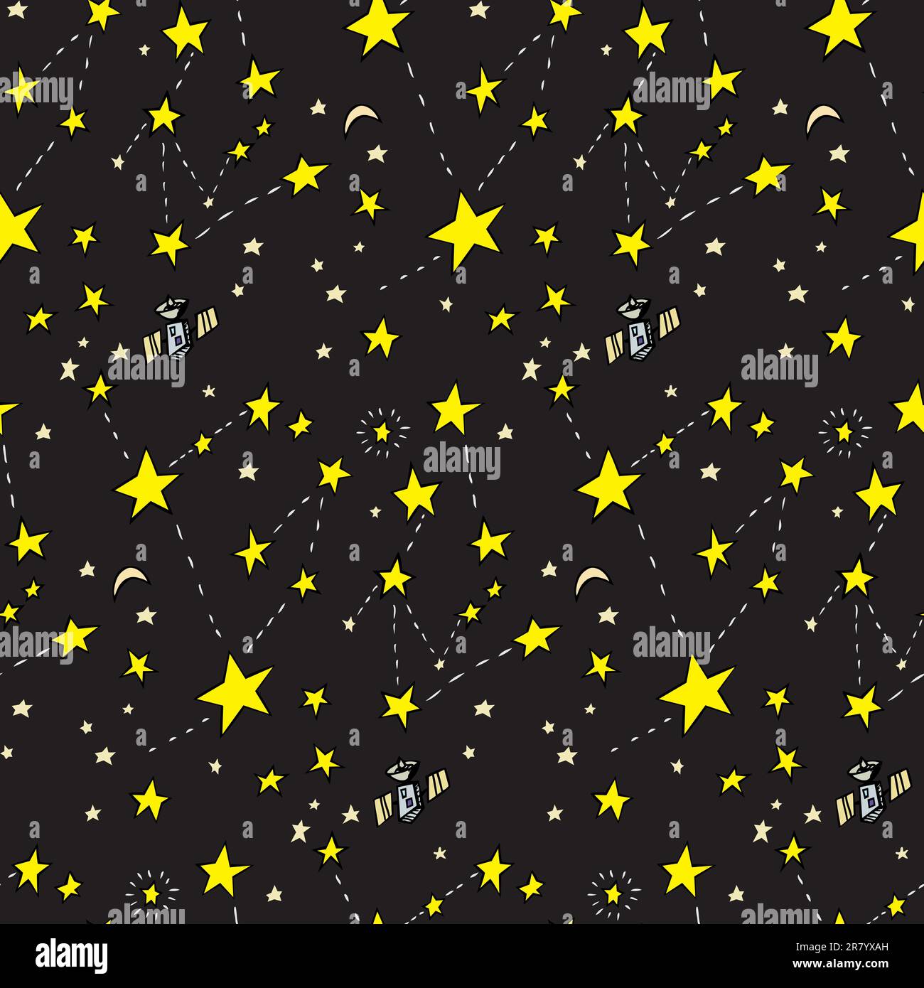 Seamless background of stars, moons and satellites over black Stock Vector