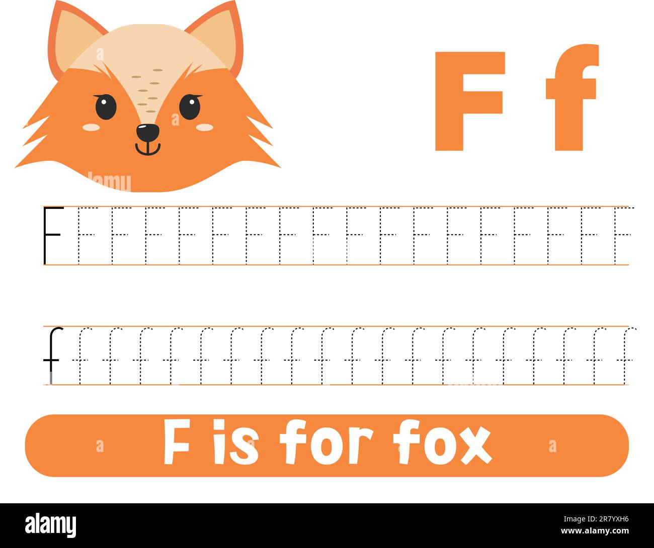 Tracing alphabet letter F with cute fox. Worksheet for children. Stock Vector
