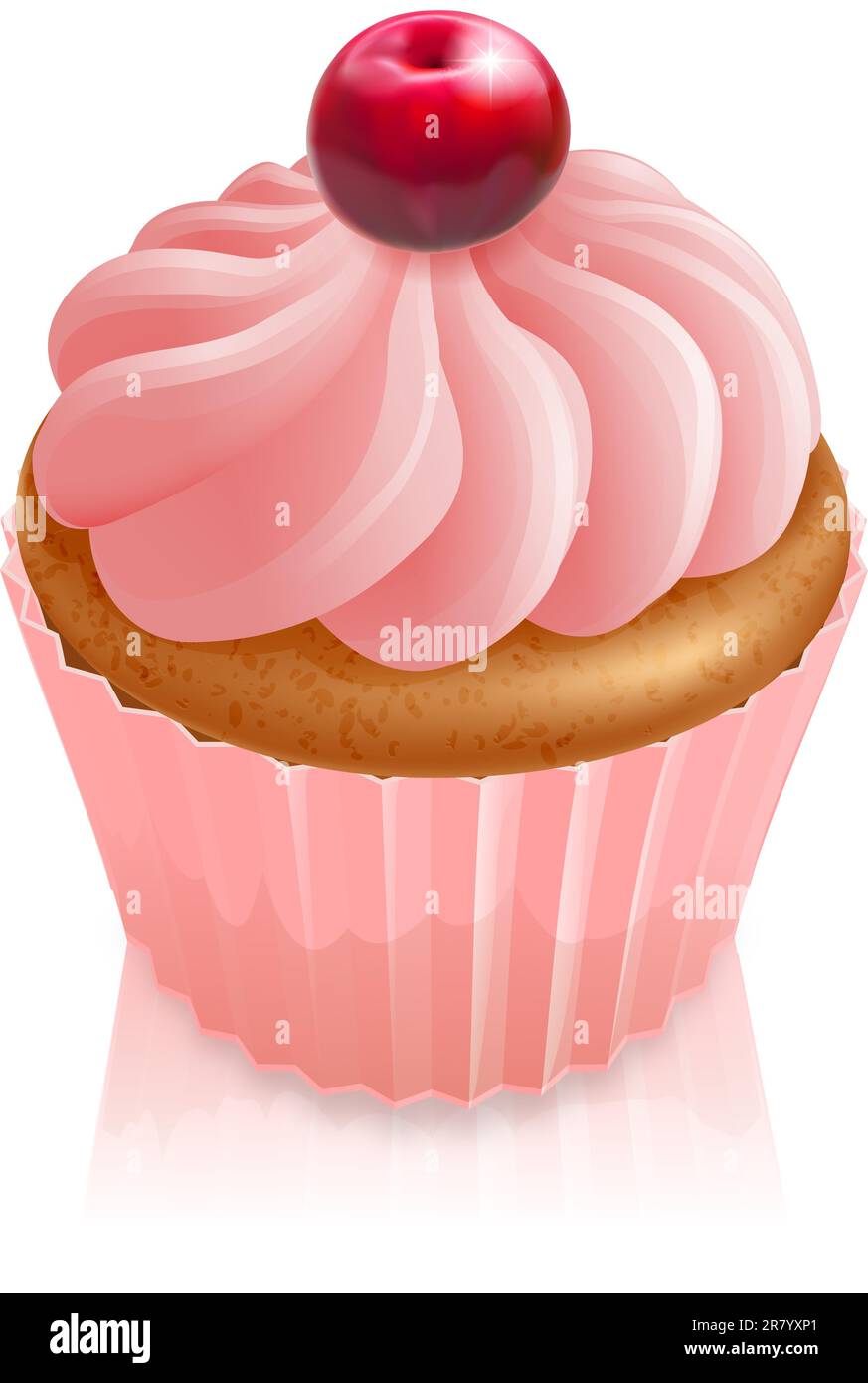 Illustration of a  pink fairy cake cupcake with cherry on top Stock Vector