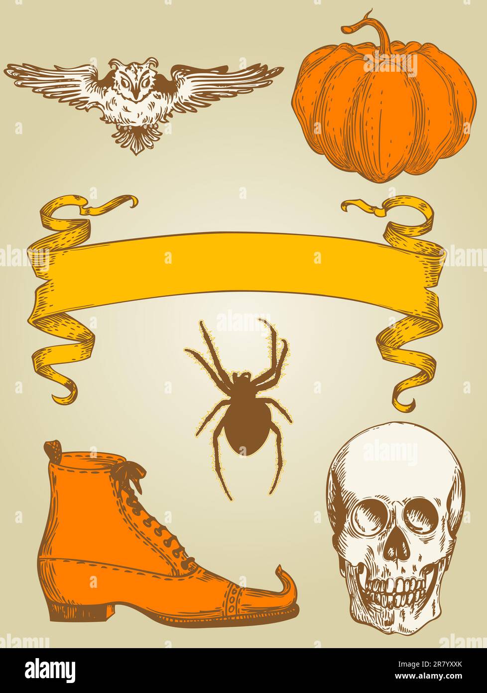set of vector vintage hand drawn Halloween objects Stock Vector Image ...
