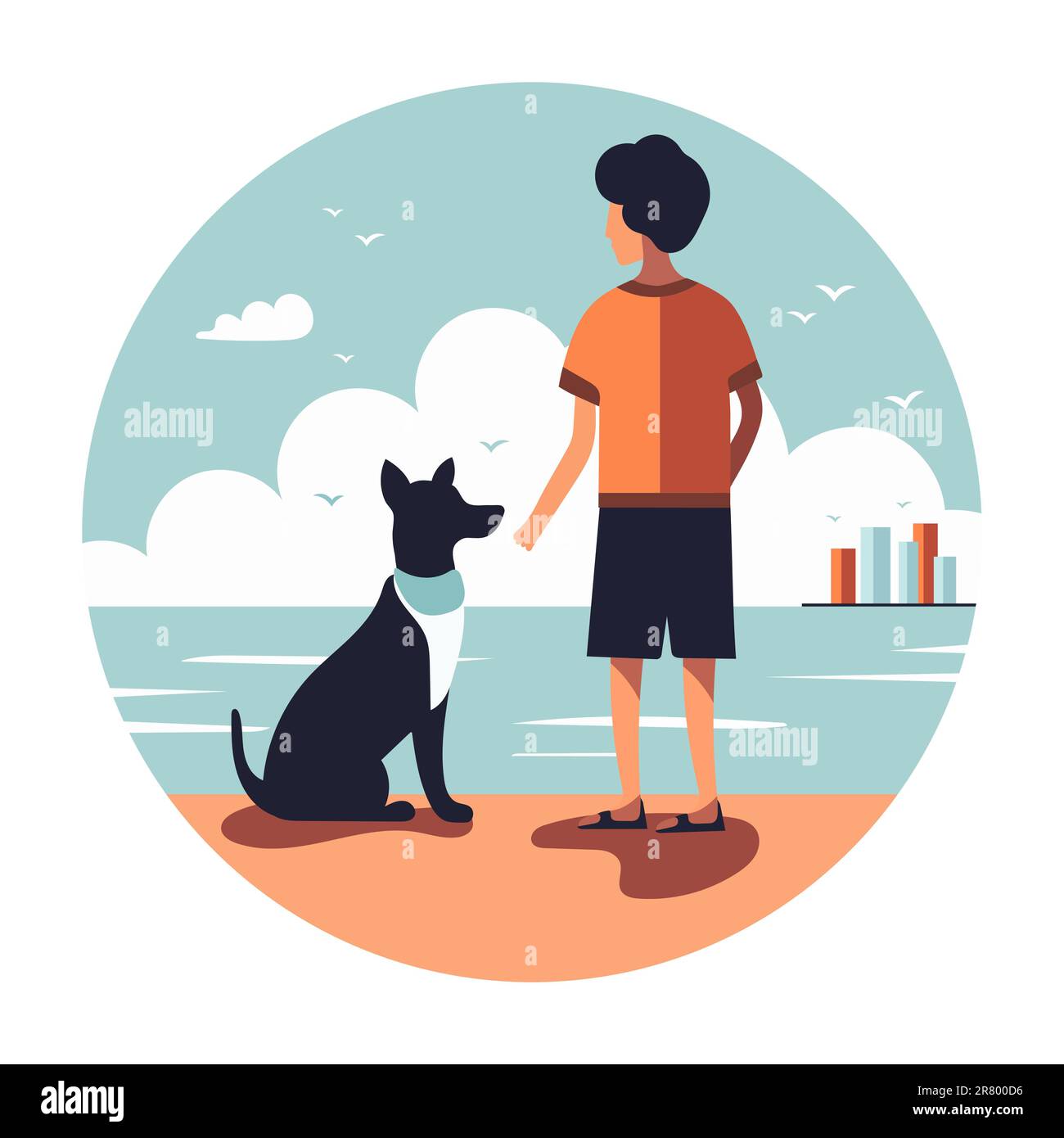 Guy with his pet. Boy and dog spending time together on beach. Vector illustration. Summer mood. Holidays at sea. Stock Vector