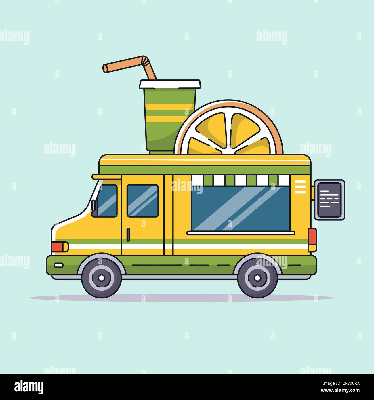 yellow and green food truck with food selling juice van with orange on