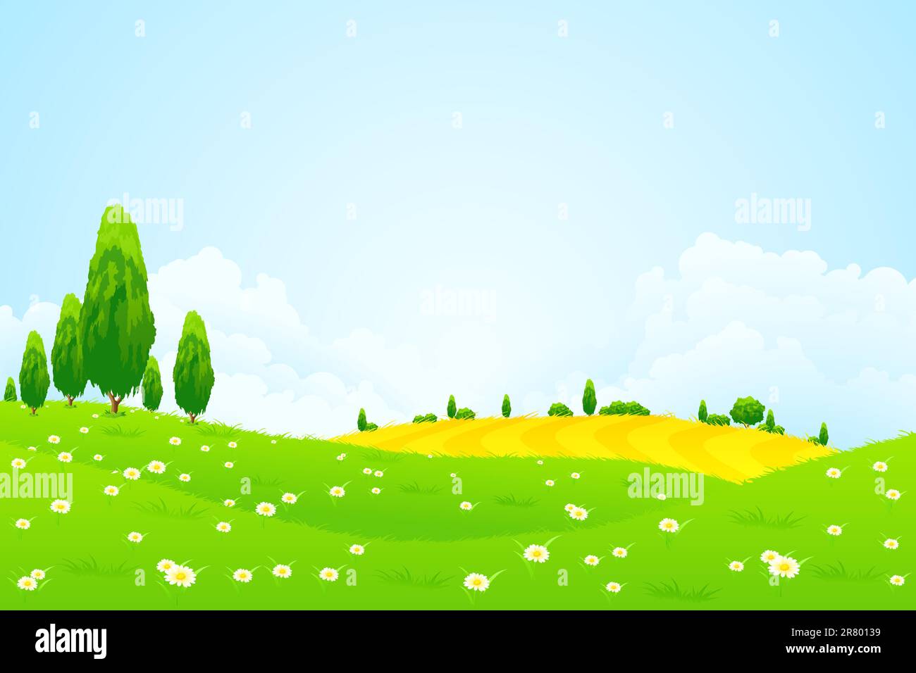 Green Landscape with Flowers Trees and clouds Stock Vector Image & Art ...