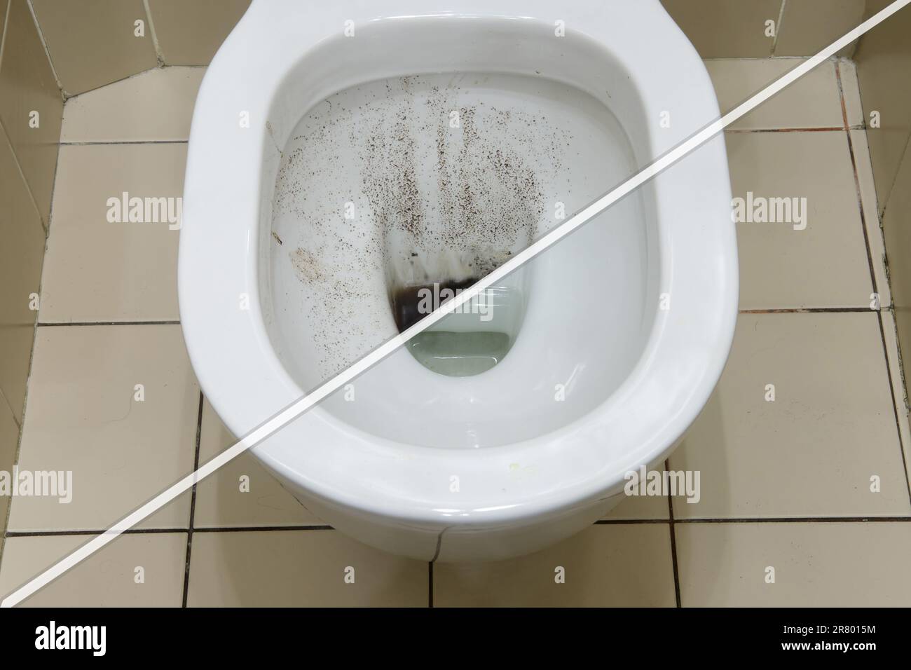 Toilet bowl before and after cleaning from dirt and clogging of the
