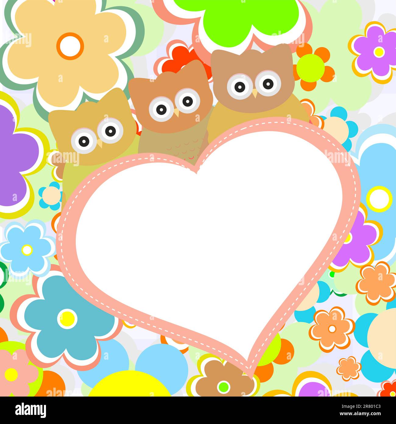 owls in flowers with big heart. vector greetings card Stock Vector