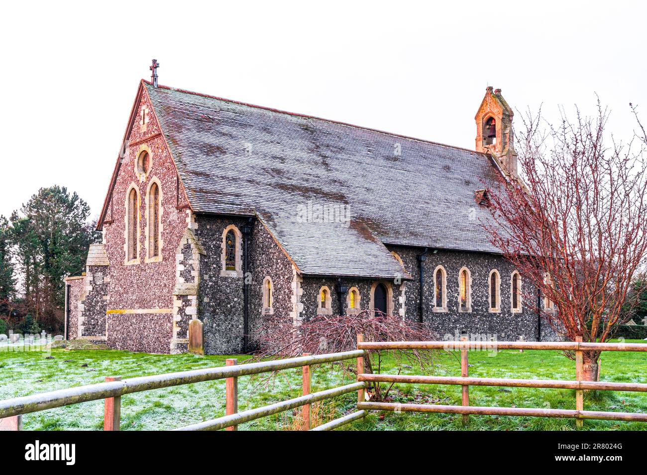 The Church of St Mary at Reculver built circa 1876 in the Gothic Revival style with an exterior of knapped flint. on a cold frosty winter morning. Stock Photo