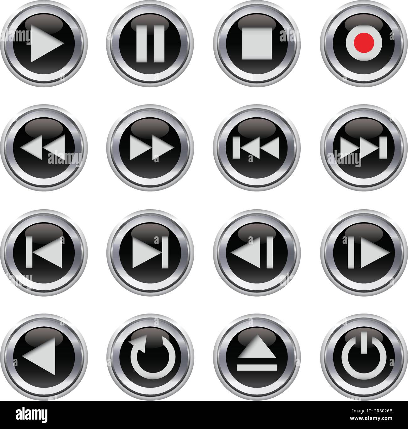 Metallic and black glossy multimedia control button/icon set. Vector
