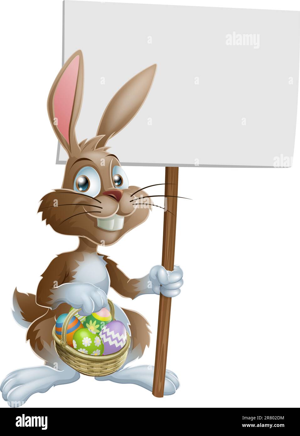 Easter bunny rabbit holding a basket of Easter eggs and a sign Stock ...