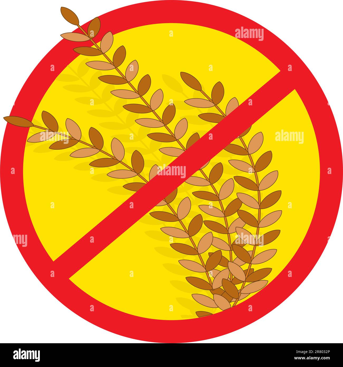 A red circle outline with a slash through it, is superimposed over stems of wheat, clearly indicating NO WHEAT. Stock Vector