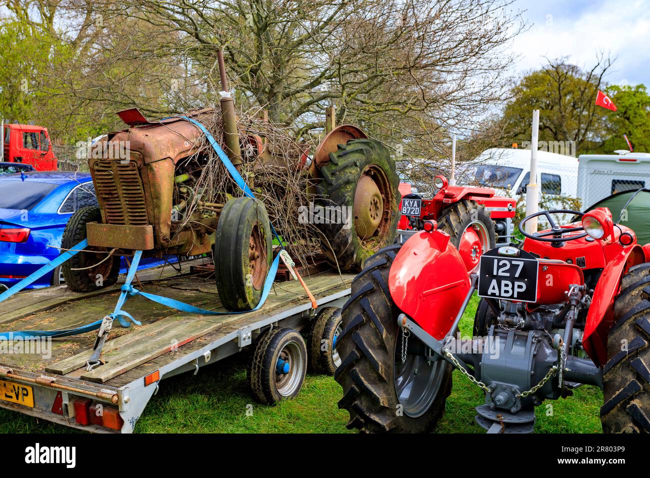 An unrestored ‘barn find’ Massey Ferguson tractor on a trailer at the