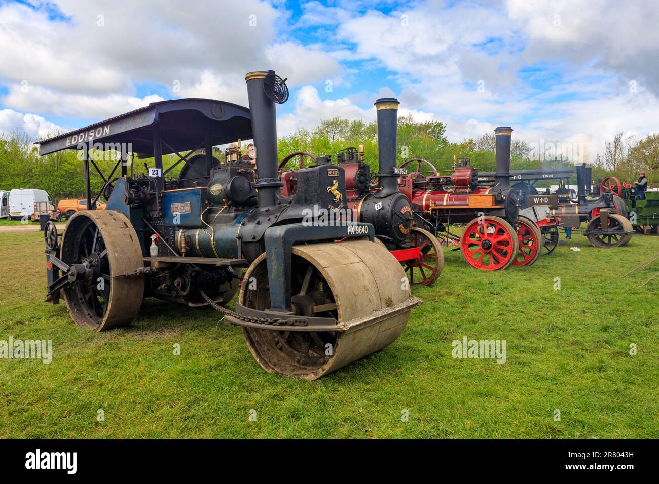 A line up of vintage traction engines and road rollers at Abbey Hill Steam Rally, Yeovil, Somerset, UK Stock Photo