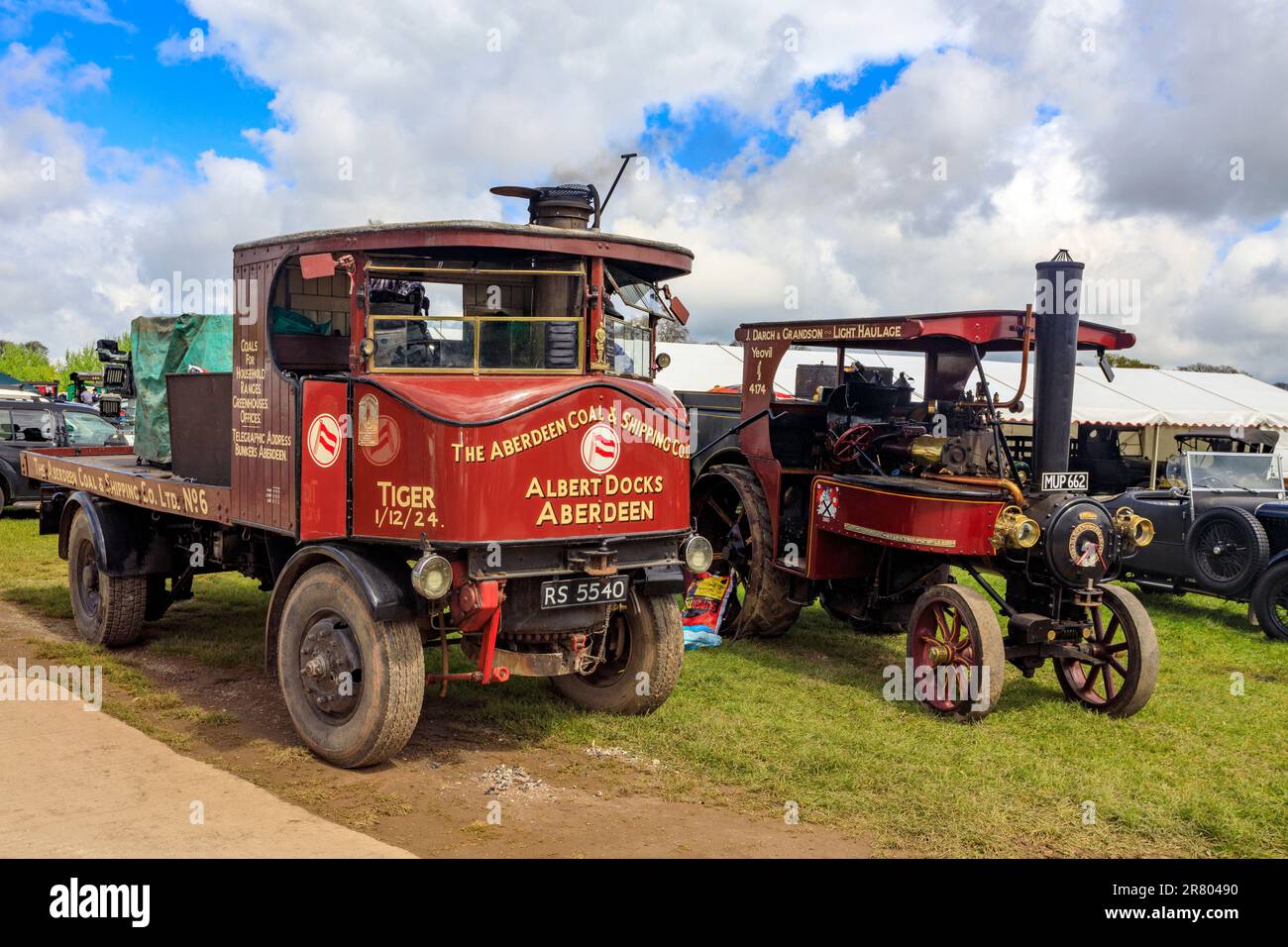 1924 Sentinel steam lorry & 1928 Mann's Steam Tractor at Abbey Hill Steam Rally, Yeovil, Somerset, UK Stock Photo