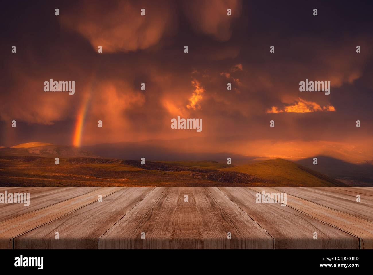 The Sky With beauriful Clouds And A Rainbow After The Rain with empty ...