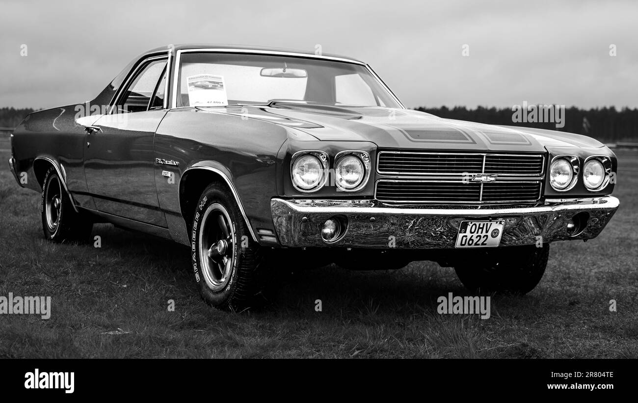 FINOWFURT, GERMANY - MAY 06, 2023: The muscle car Chevrolet El Camino, 1979. Black and white. Race festival 2023. Season opening. Stock Photo