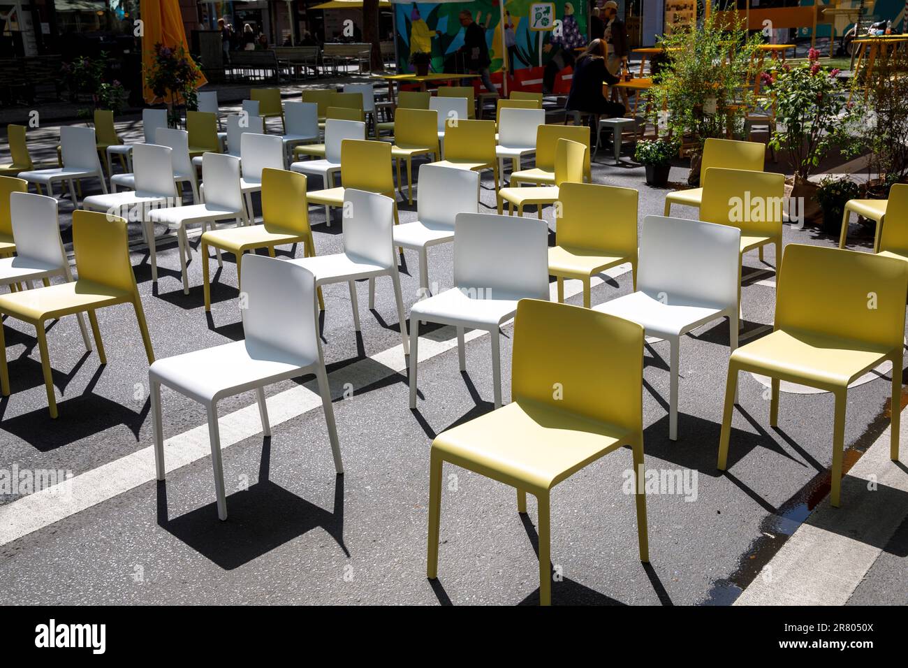 chairs are placed on the Hohenzollernring street in Cologne for an event, Germany. fuer eine Veranstaltung stehen Stuehle auf dem Hohenzollernring in Stock Photo