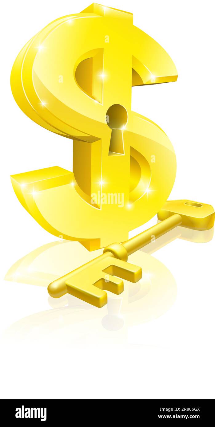 Conceptual illustration of a gold dollar sign and key. Concept for unlocking financial success or cash or for financial security. Stock Vector
