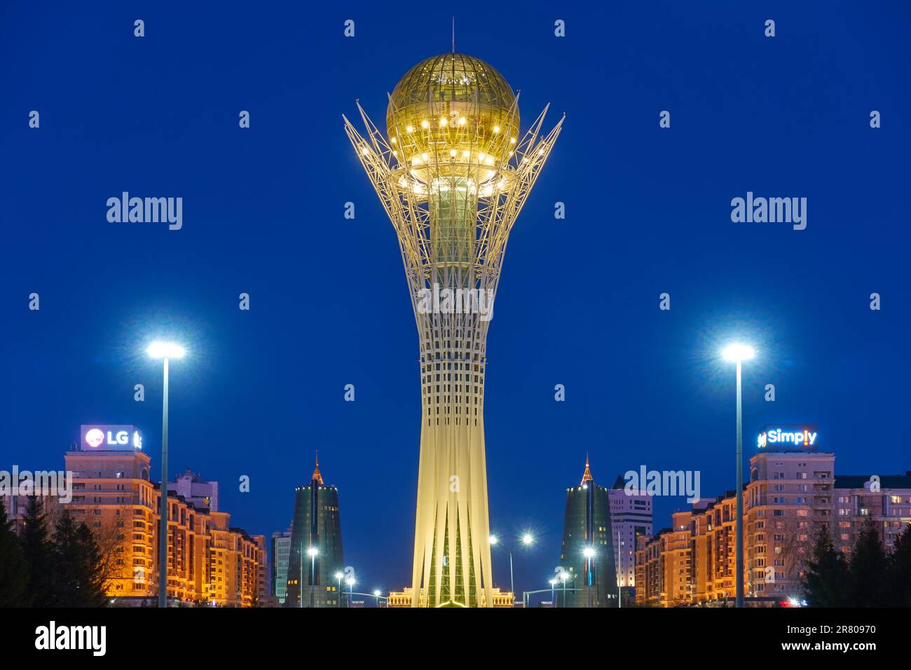 Astana, Kazakhstan - April 4, 2023: Baiterek tower in Astana (Nur-Sultan) at night Stock Photo