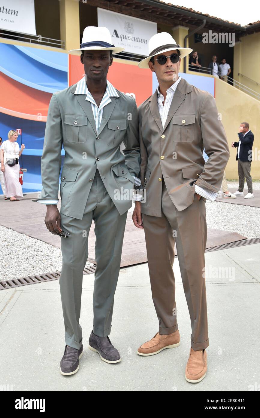 Florence, Italy. 13th June, 2023. Street style at Pitti Immagine Uomo in  Florence, Italy on June 13 2023. Fashionable colorful men posing in street  around Pitti Immagine Uomo exibition at Fortezza da