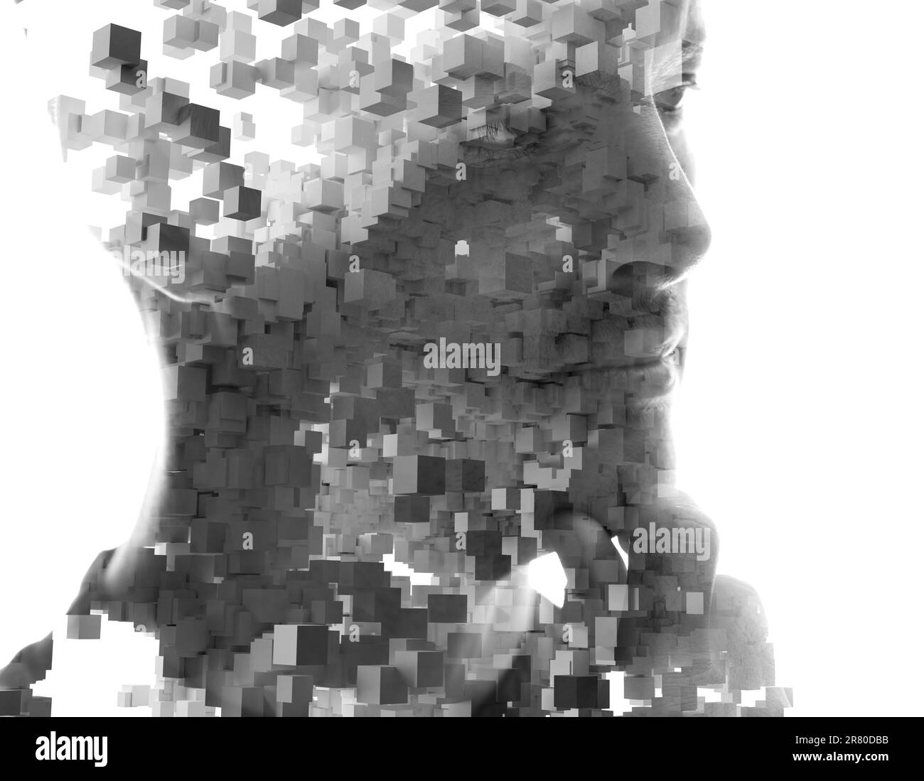 Double exposure portrait of a thoughtful man combined with 3D cube pattern Stock Photo