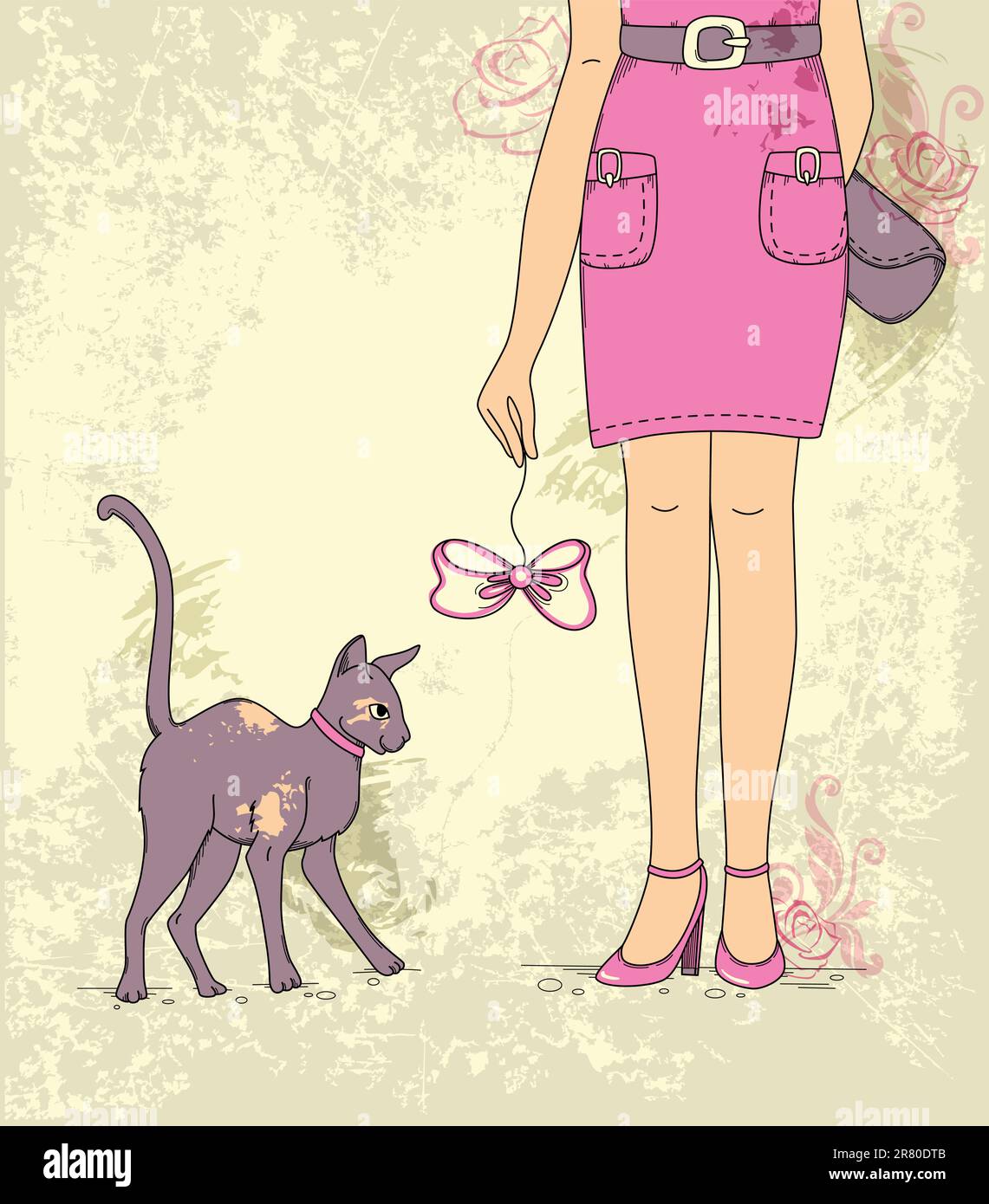 Hand drawn vector background with girl and cat Stock Vector