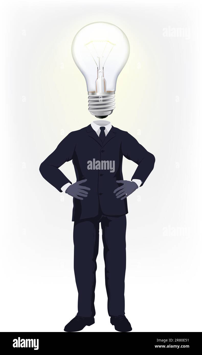A businessman with a light bulb for a head. Conceptual illustration for a business man having a bright idea or doing smart business Stock Vector