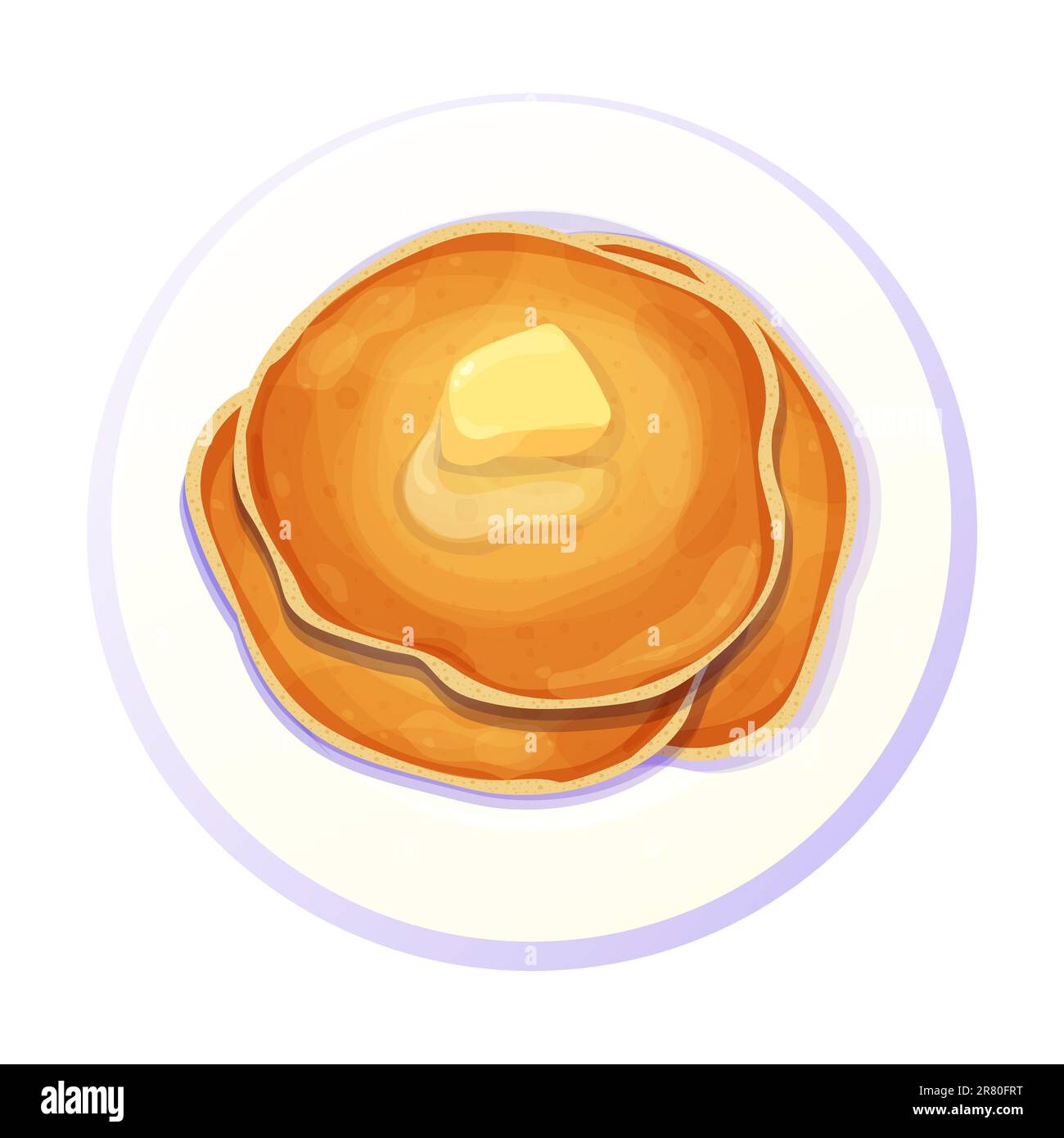 Pancakes stack with butter top view in plate in cartoon style isolated