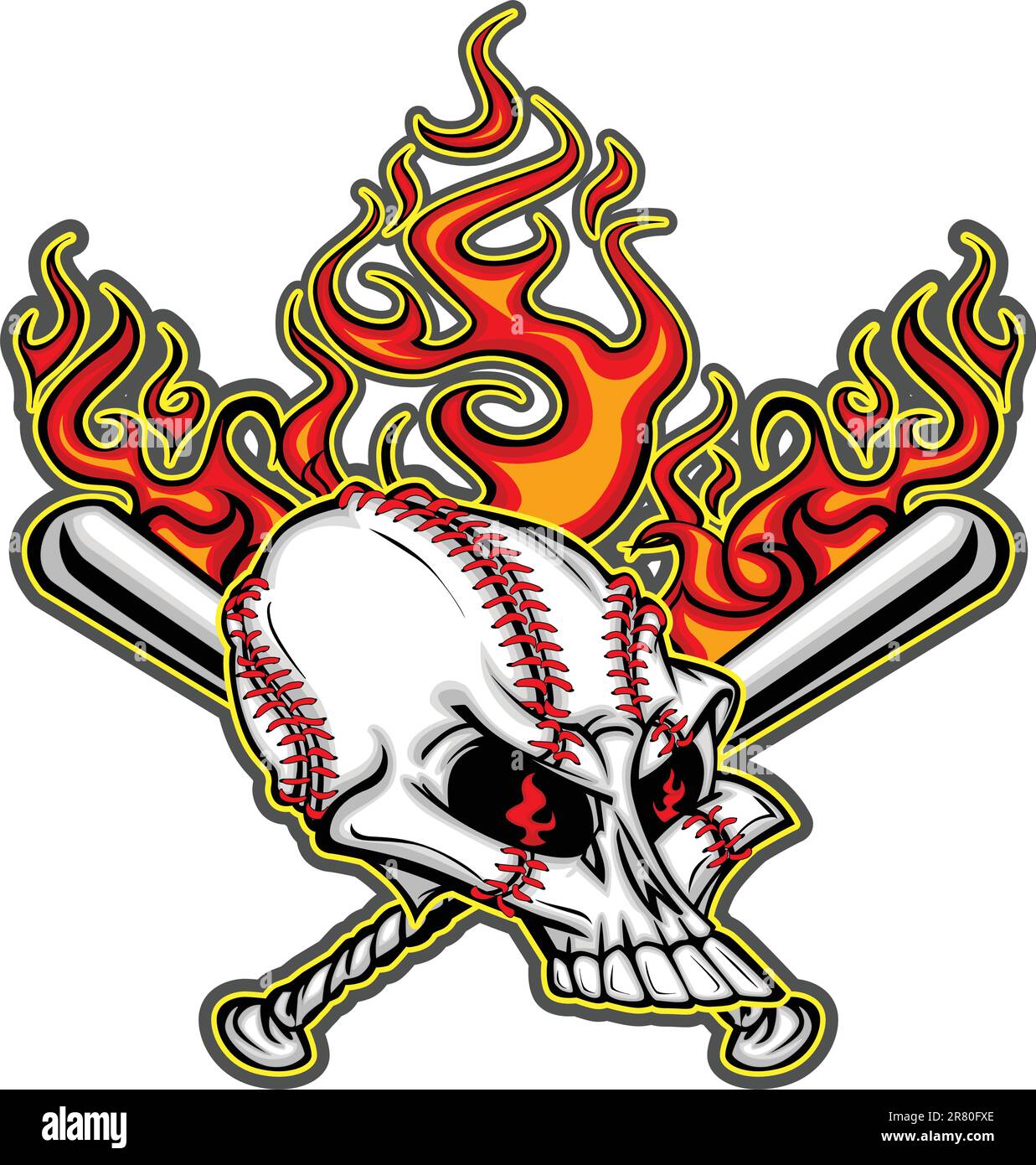 Cartoon Image of Flaming Baseball Bats and Skull with Baseball Laces